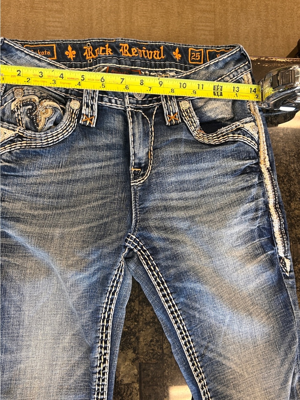 Rock Revival Boot Cut Jeans in Medium Blue with Gold Embroidery - Picture 3 of 6